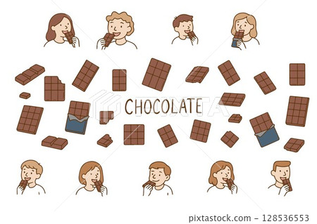 Happy smiling young men and women people eat delicious chocolate. World Chocolate Day. Eating chocolate, hormone of happiness, concept of endorphin production 128536553