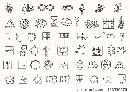 International Puzzle Day. Puzzles, jigsaw puzzles and labyrinths in doodle style. International Puzzle Day. Puzzles, jigsaw puzzles and labyrinths in doodle style. 128536576