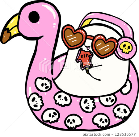 Cute Spooky Summerween ghost in flamingo floaty Halloween Summer cartoon hand drawn doodle 128536577