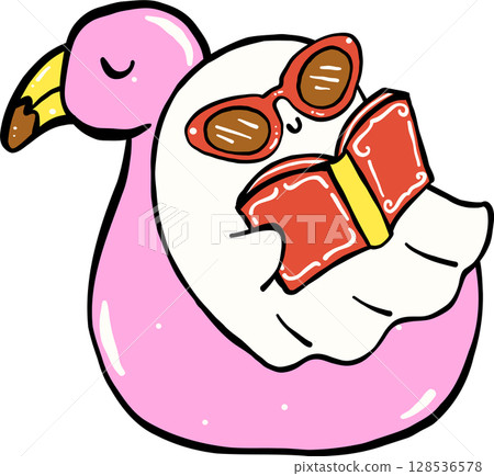 Cute Spooky Summerween ghost reading book on  flamingo floaty Halloween Summer cartoon hand drawn doodle 128536578