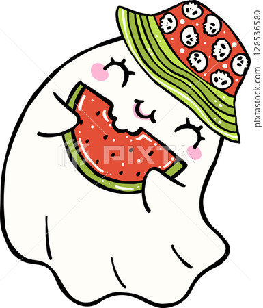 Cute Spooky Summerween ghost having watermelon Halloween Summer cartoon hand drawn doodle 128536580