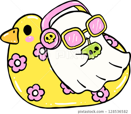 Cute Spooky Summerween ghost drink on duck floaty Halloween Summer cartoon hand drawn doodle Cute Spooky Summerween ghost drink on duck floaty Halloween Summer cartoon hand drawn doodle 128536582