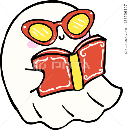 Cute Spooky Summerween ghost reading book  Halloween Summer cartoon hand drawn doodle 128536597
