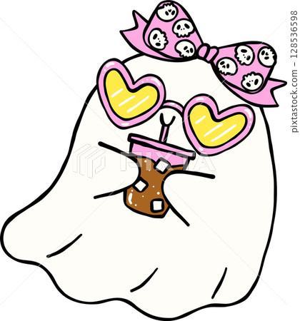 Cute Spooky Summerween ghost having ice coffee Halloween Summer cartoon hand drawn doodle Cute Spooky Summerween ghost having ice coffee Halloween Summer cartoon hand drawn doodle 128536598