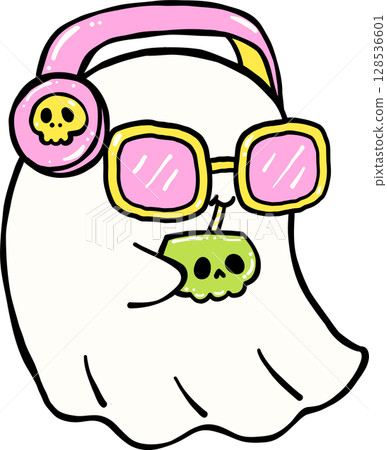 Cute Spooky Summerween ghost having coconut drink Halloween Summer cartoon hand drawn doodle 128536601