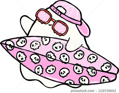 Cute Spooky Summerween ghost with surfboard Halloween Summer cartoon hand drawn doodle 128536602