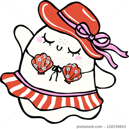 Cute Spooky Summerween ghost win bikini hawii Halloween Summer cartoon hand drawn doodle 128536603