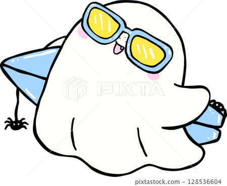 Cute Spooky Summerween ghost with blue surfboard Halloween Summer cartoon hand drawn doodle Cute Spooky Summerween ghost with blue surfboard Halloween Summer cartoon hand drawn doodle 128536604
