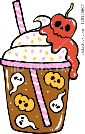 Cute Spooky ice coffee Summerween Halloween Summer cartoon hand drawn doodle Cute Spooky ice coffee Summerween Halloween Summer cartoon hand drawn doodle 128536607