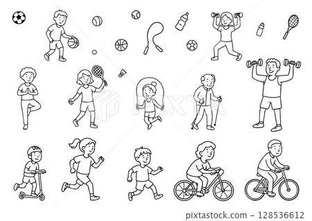 Illustration depicting diverse individuals engaging in various physical activities like cycling, running, and weightlifting. Emphasizes active lifestyle for all age groups. Illustration depicting diverse individuals engaging in various physical activities like cycling, running, and weightlifting. Emphasizes active lifestyle for all age groups. 128536612
