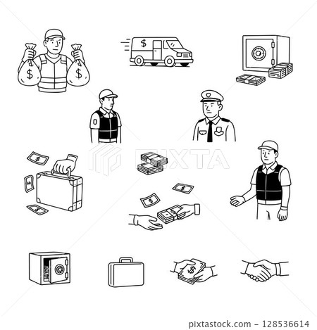 Vector illustration illustrating financial security topics including money handling, armored vans, safe storage and financial transactions, with an emphasis on safe transportation of money. 128536614