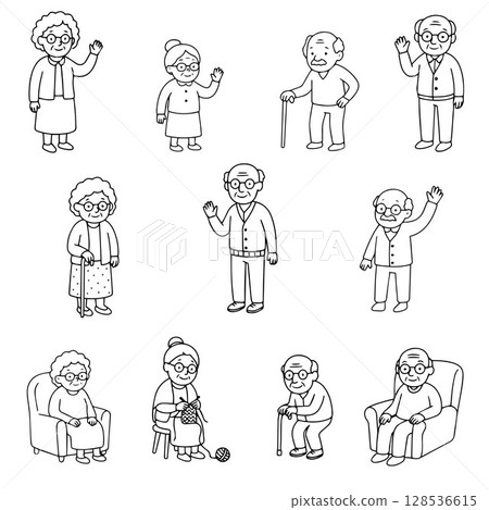 Vector illustration of senior citizens doing various activities. Diverse facial expressions and poses showing an elderly person in daily life. Vector illustration of senior citizens doing various activities. Diverse facial expressions and poses showing an elderly person in daily life. 128536615