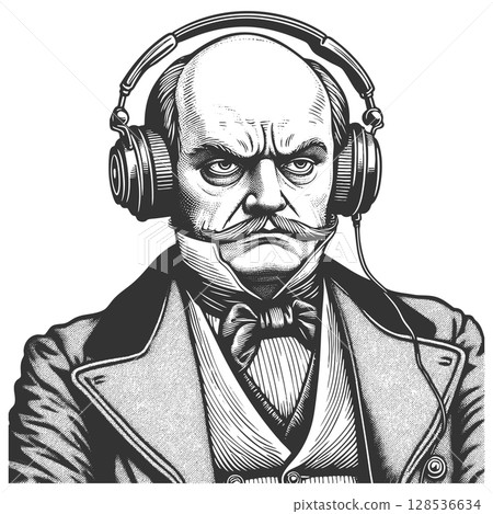Mustached Gentleman Wearing Headphones raster 128536634