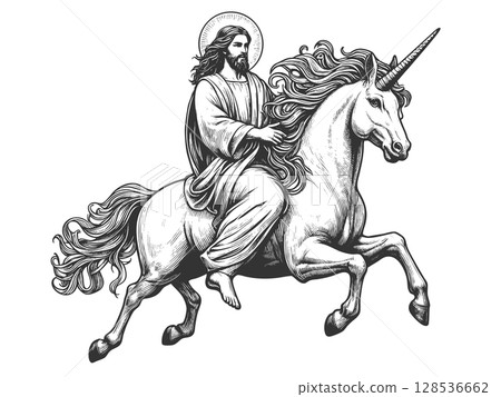 Jesus Riding Unicorn engraving sketch raster 128536662