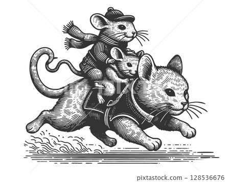 Mouse Riding a Cat engraving raster illustration 128536676