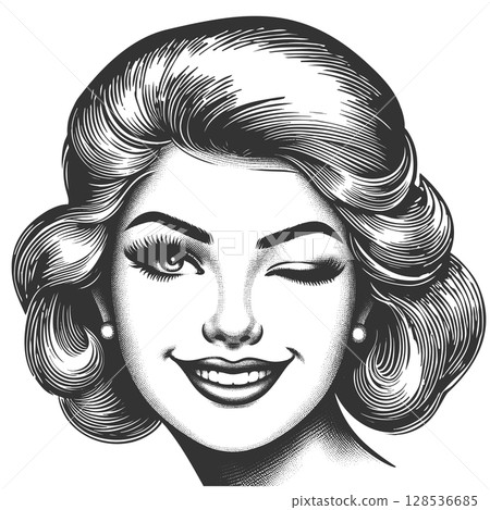 Retro Pin-Up Woman Winking engraving vector 128536685