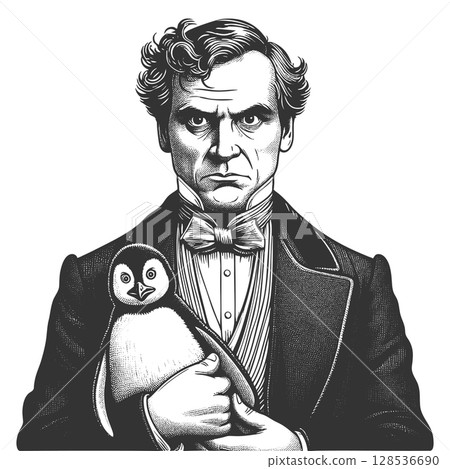 Man with Penguin engraving raster illustration 128536690