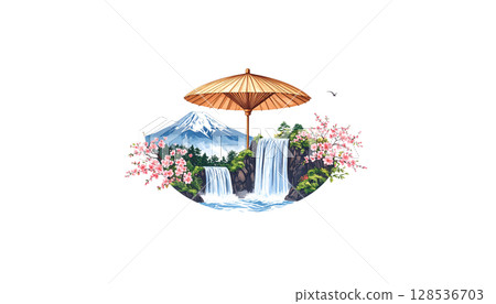 Beautiful flowing waterfall and quiet fountain of green forest, rocks and stream on white background 128536703