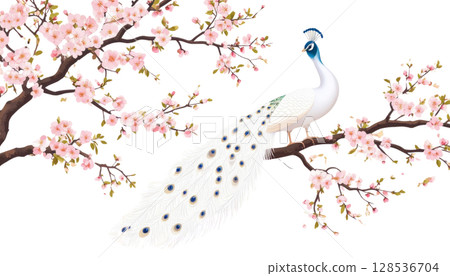 Pink cherry blossoms blooming on a cherry tree branch with birds on a white background. 128536704