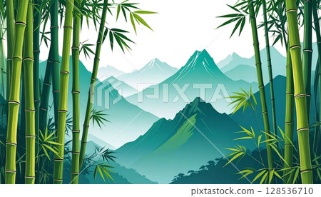 Natural landscape of bamboo forest in the morning with bamboo, trees and bright green leaves on white background 128536710