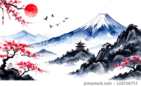 A snow-covered Japanese castle stands in a mountainous forest landscape in winter under a cloudy blue sky 128536753