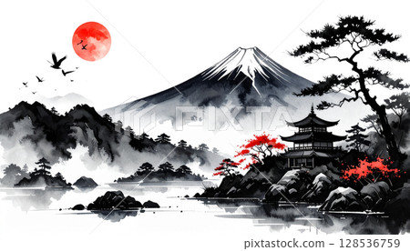 A snow-covered Japanese castle stands in a mountainous forest landscape in winter under a cloudy blue sky A snow-covered Japanese castle stands in a mountainous forest landscape in winter under a cloudy blue sky 128536759