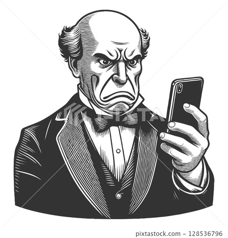 Funny Man Looking at Smartphone engraving raster 128536796