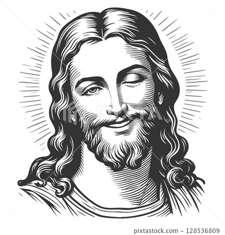 Smiling Winking Jesus Christ raster illustration Smiling Winking Jesus Christ raster illustration 128536809