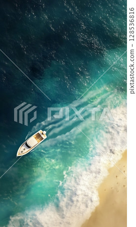 Top of view beach blue marine water wave and boat holiday transport 128536816