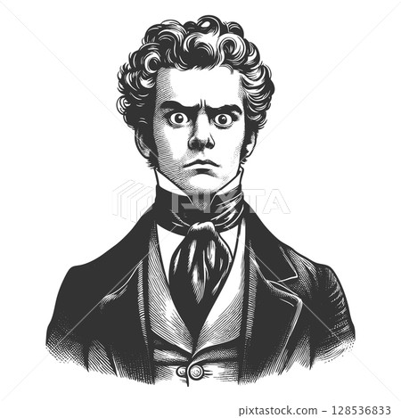 Wide-Eyed Victorian Man engraving sketch raster 128536833