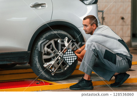 Wheel changing. Man is works in the automobile repairing salon Wheel changing. Man is works in the automobile repairing salon 128536860