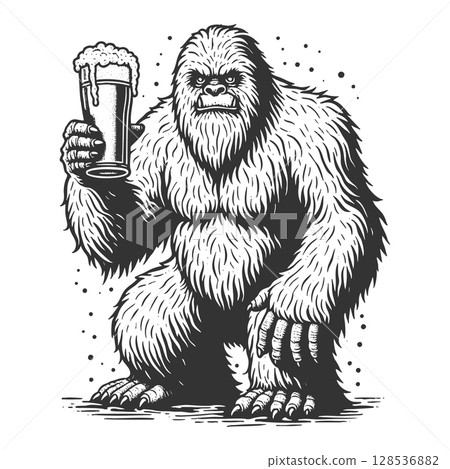 Yeti Holding Beer engraving raster illustration 128536882