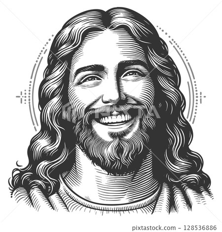Smiling Jesus Christ engraving sketch vector 128536886