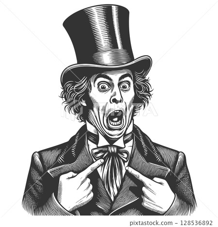 Surprised Man in Top Hat Pointing at Bow Tie 128536892