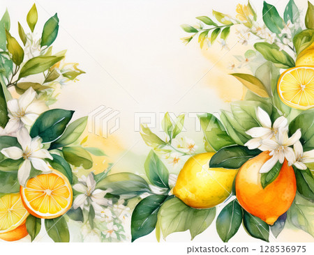 柑橘類水果、葉子和花朵的柔和水彩插圖 柑橘類水果、葉子和花朵的柔和水彩插圖 128536975