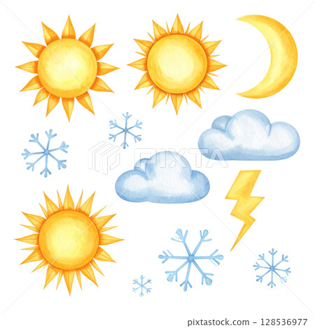 Bright sun with clouds in clear sky isolated on white background Bright sun with clouds in clear sky isolated on white background 128536977