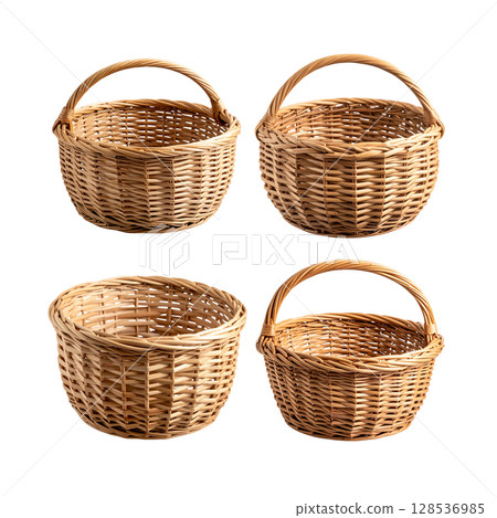 Empty wicker picnic basket with handle, isolated on a white background 128536985