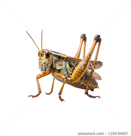 Close-up of a green grasshopper or brown grasshopper isolated on white background. Close-up of a green grasshopper or brown grasshopper isolated on white background. 128536987