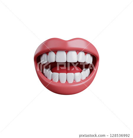 Image of smiling woman mouth showing strong teeth and pink lips isolated on white background. 128536992
