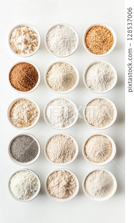 Gluten free flour various healthy food natural ingredient on white background 128537006