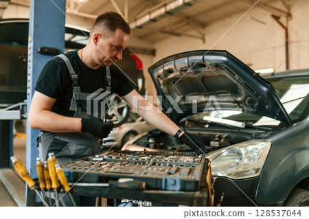 Under the hood. Man is works in the automobile repairing salon Under the hood. Man is works in the automobile repairing salon 128537044