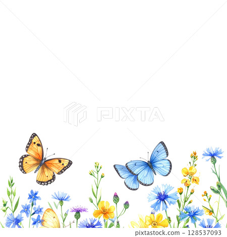 Illustration of white flowers with leaves and butterfly isolated on white background Illustration of white flowers with leaves and butterfly isolated on white background 128537093
