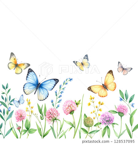Illustration of white flowers with leaves and butterfly isolated on white background 128537095