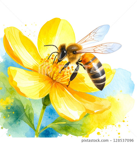 Golden bumblebee gathers honey and pollen from a bright yellow flower in a vibrant summer garden Golden bumblebee gathers honey and pollen from a bright yellow flower in a vibrant summer garden 128537096
