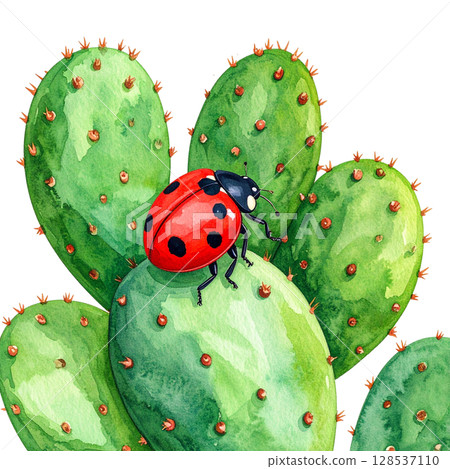 Bright red ladybug perched on green leaf isolated on white background. 128537110