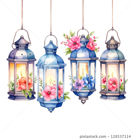 Lamp with flowers isolated on white background 128537114