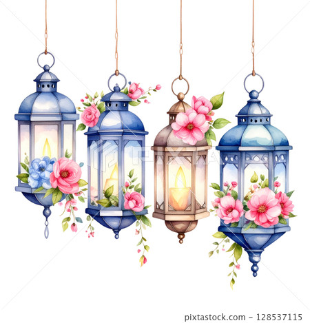 Lamp with flowers isolated on white background 128537115