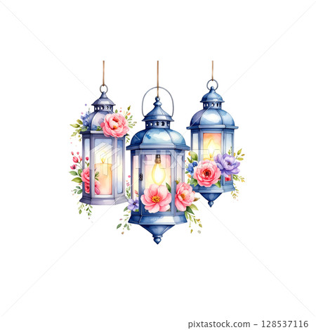 Lamp with flowers isolated on white background 128537116
