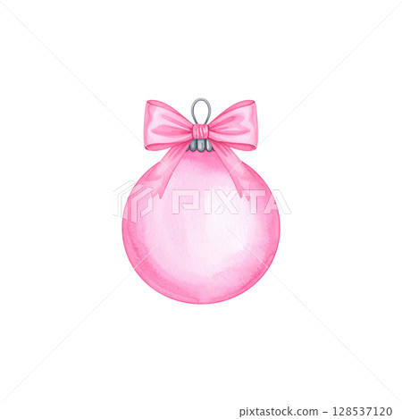 Pink Christmas Ornament with Bow and Festive Ribbon, Perfect for Decorating the Tree During the Holiday Season, Isolated on White Background. 128537120