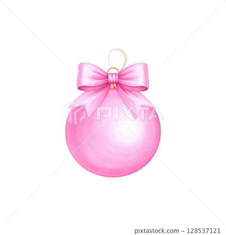 Pink Christmas Ornament with Bow and Festive Ribbon, Perfect for Decorating the Tree During the Holiday Season, Isolated on White Background. 128537121
